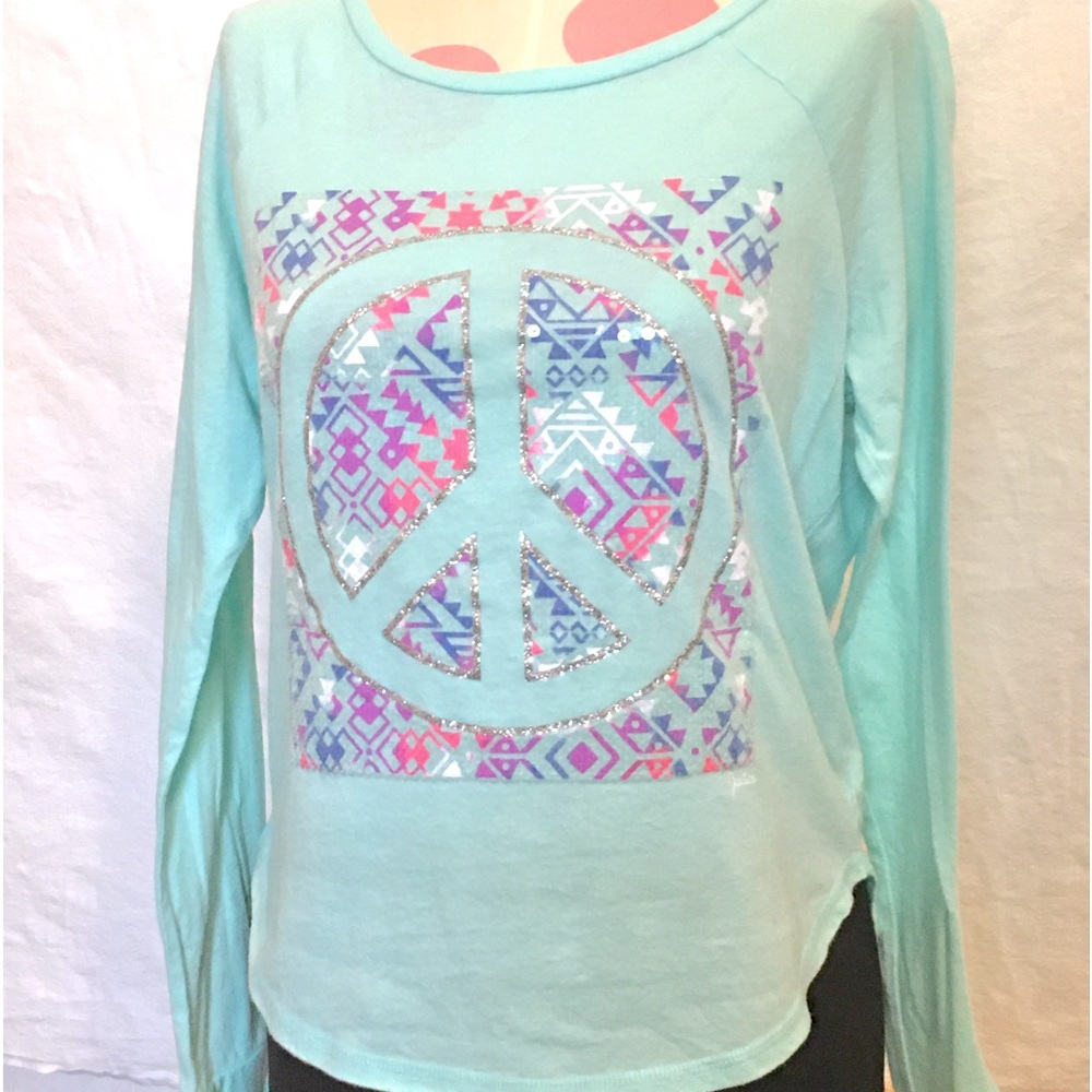 Justice size 14 mint green long sleeve shirt, mosaic peace sign/ sequins